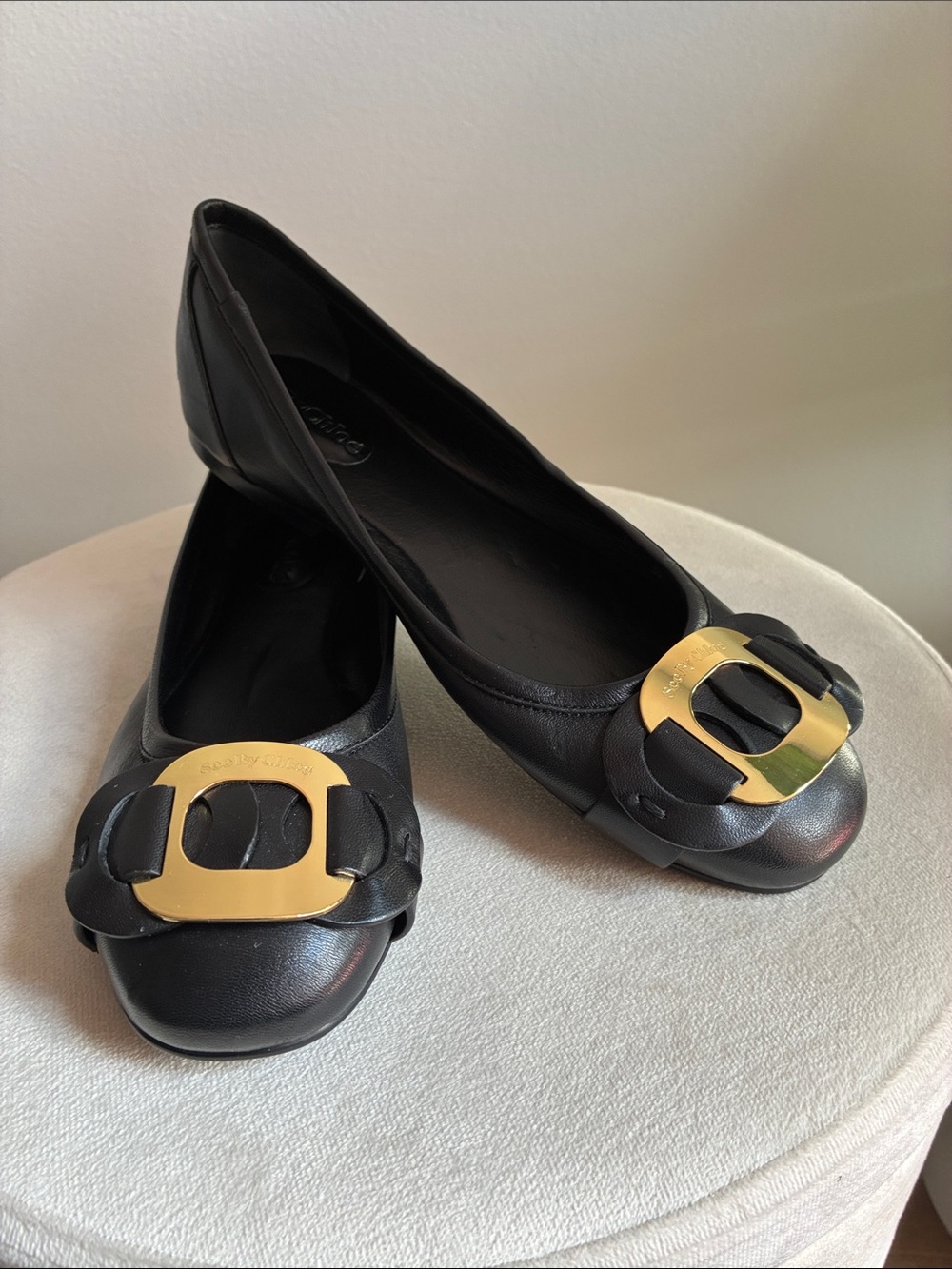 See By Chloé Black Leather Ballet Flats with Gold Logo Accent